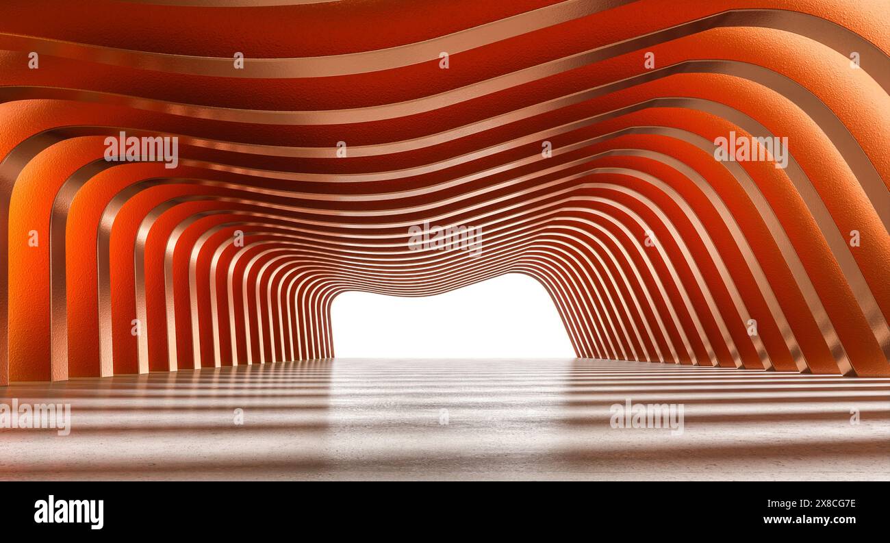 Tunnel dal design moderno arancione ondulato che conduce verso un'uscita luminosa Foto Stock