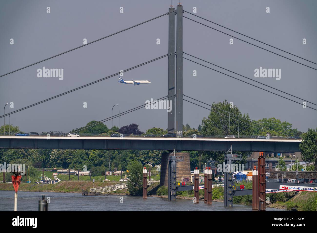 Il Reno vicino a Düsseldorf, il ponte Theodor-Heuss, aereo in avvicinamento all'aeroporto di Düsseldorf, NRW, Germania, Foto Stock