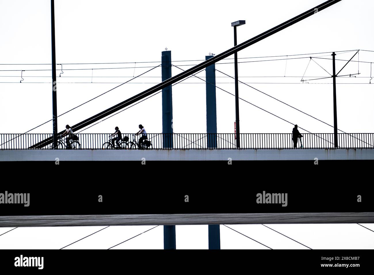 Ponte Oberkassler sul Reno vicino a Düsseldorf, di fronte, dietro il ponte Rheinknie, ciclista, NRW, Germania, Foto Stock