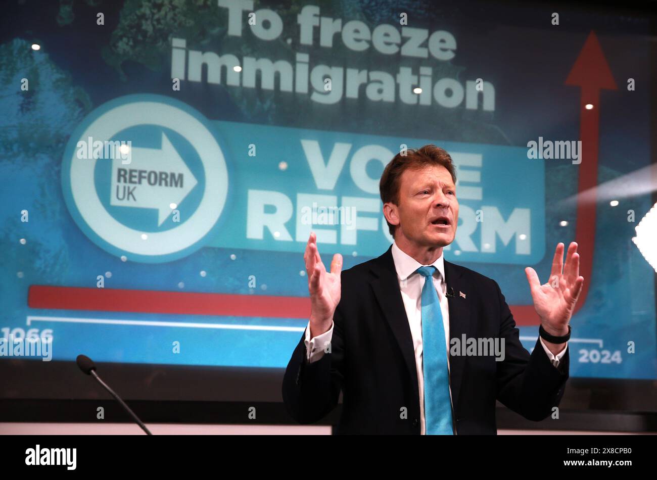 Londra, Regno Unito - 23 maggio 2024: Richard Tice, leader di Reform UK, partecipa alla campagna elettorale Reform UK lanciata a Londra, Inghilterra. Foto Stock