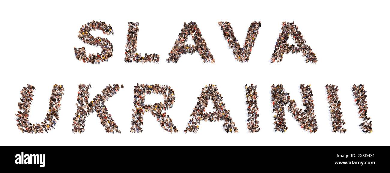 Concetto o grande comunità concettuale di persone che formano il messaggio SLAVA UKRAINI. illustrazione 3d metafora di patriottismo, determinazione, motivazione Foto Stock
