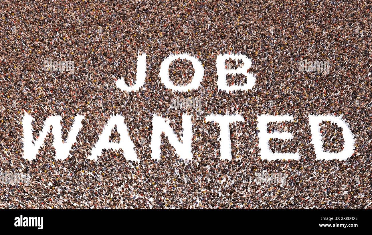 Concettuale grande comunità di persone che formano LAVORO VOLUTO messaggio. 3d metafora illustrativa per il lavoro, le risorse umane, l'occupazione, il reclutamento Foto Stock