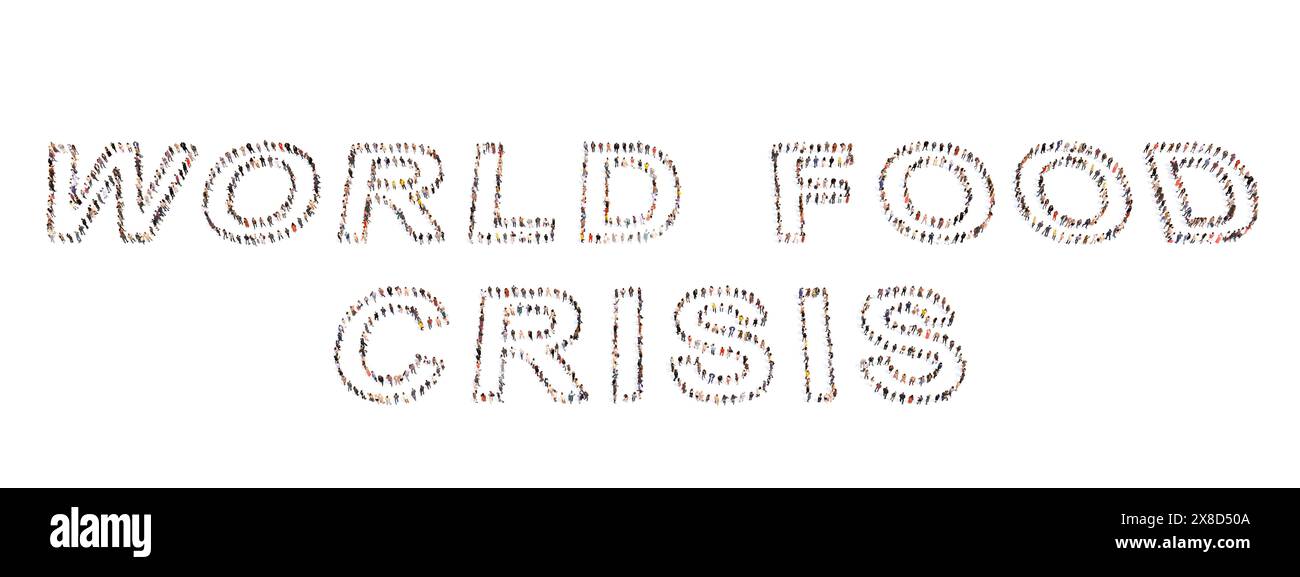 Concetto concettuale grande comunità di persone che formano il messaggio DI CRISI ALIMENTARE MONDIALE. 3d metafora illustrativa per la penuria, la siccità, la recessione Foto Stock