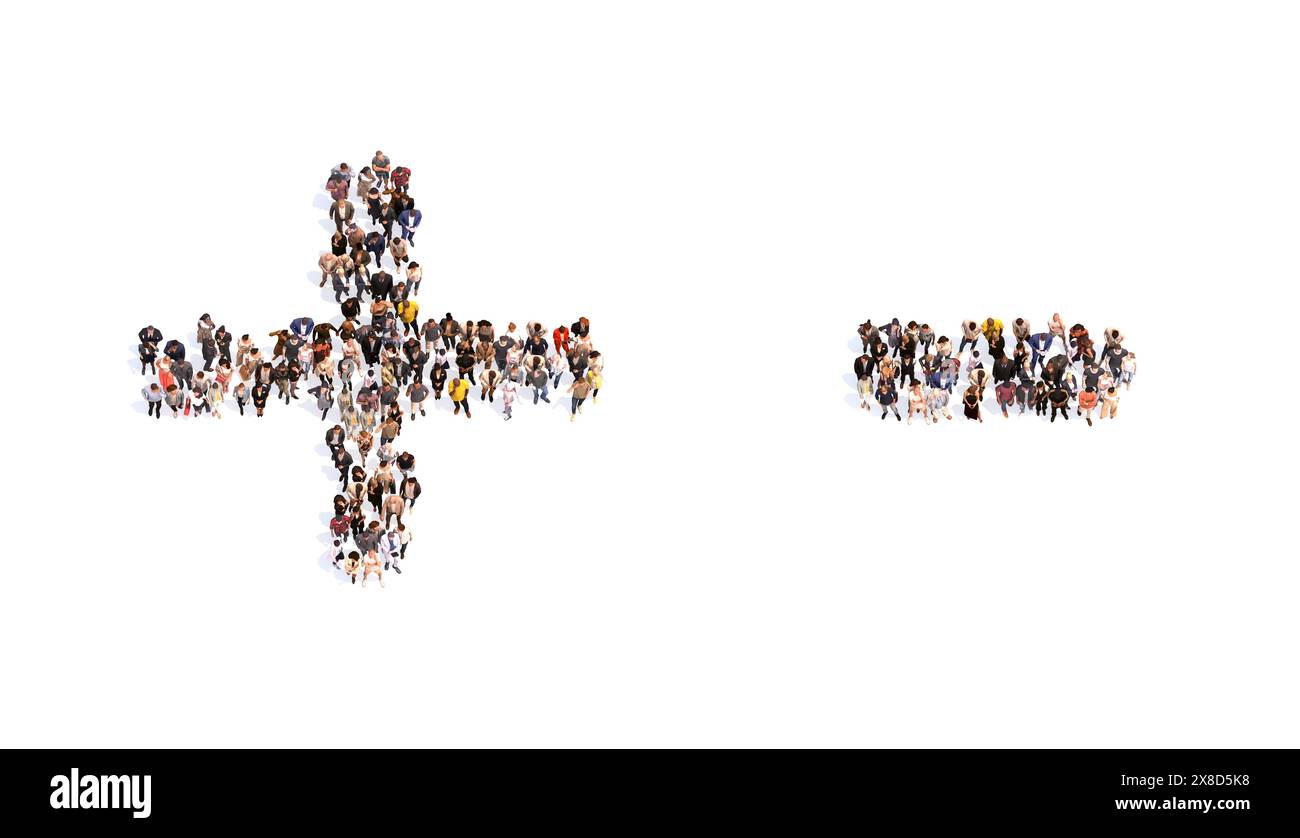 Concetto o grande comunità concettuale di persone che formano i segni + e -. 3d metafora illustrativa per unità e diversità, umanitaria, lavoro di squadra, c Foto Stock