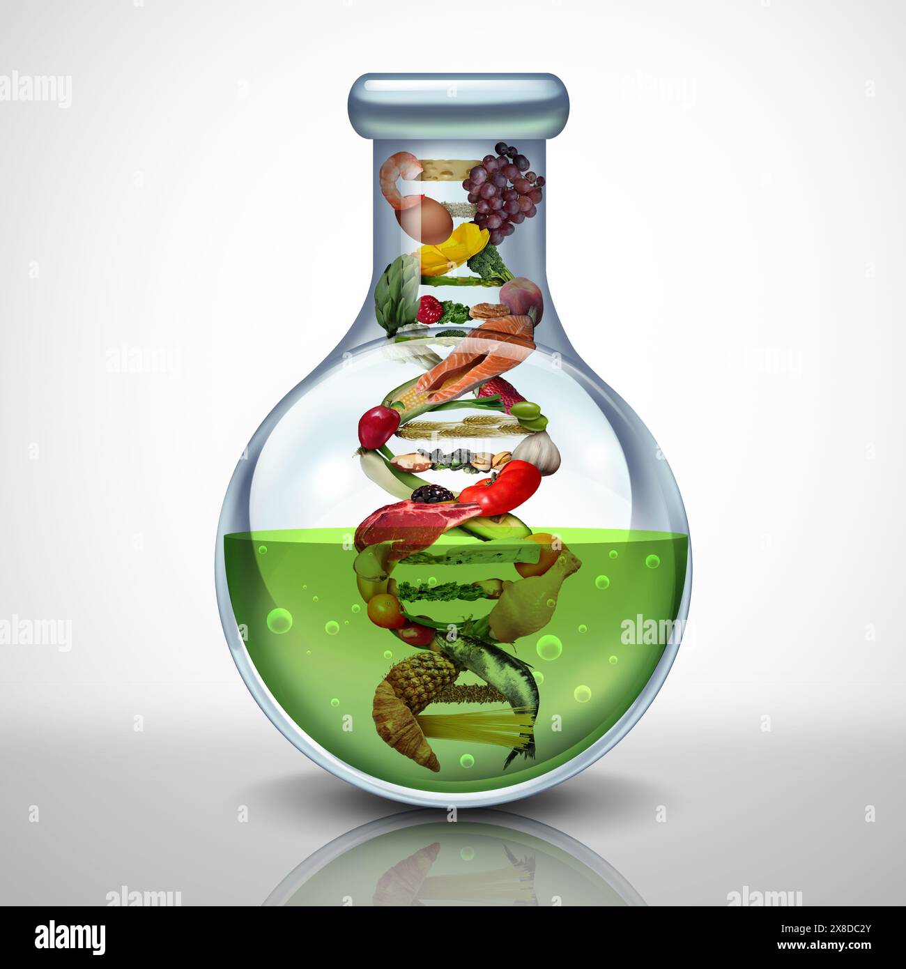 Food Technology and Agriculture gene editing and Agricultural CRISPR concept or Genetic engineering of food as a Group of farm products shape as a DNA Foto Stock