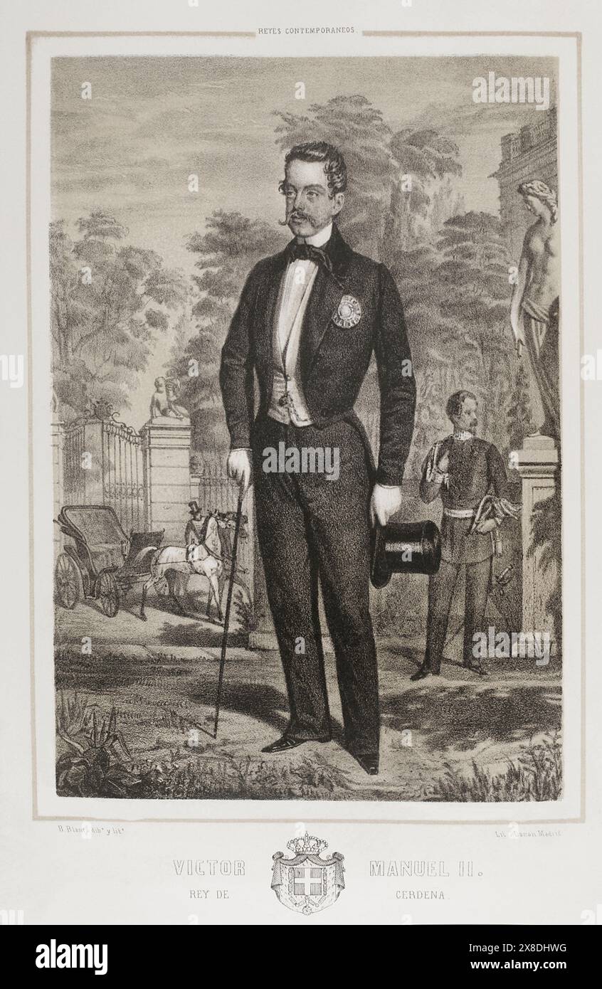 Vittorio Emanuele II (1820-1878). Ultimo re del Regno di Sardegna (1849-1861) e primo re d'Italia (1861-1878). Ritratto come re di Sardegna. Disegno di B. Blanco. Litografia di J. Donón. "Reyes Contemporáneos" (Re contemporanei). Volume III. Pubblicato a Madrid, 1854. Autore: Julio Donón. Artista spagnolo attivo dal 1840 al 1880. Bernardo Blanco (1828-1876). Pittore e litografo spagnolo. Foto Stock