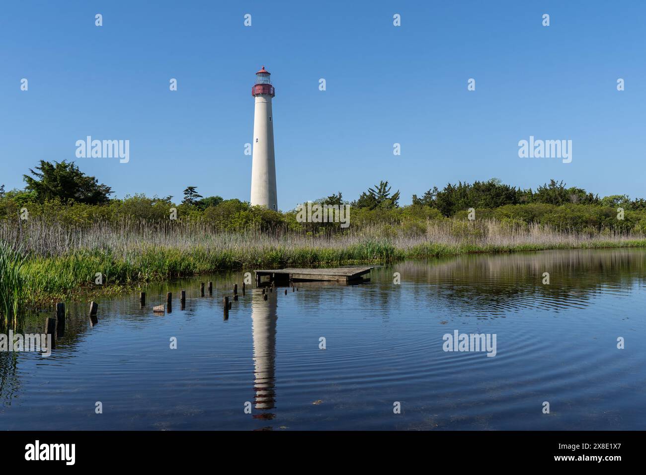 Il faro di Cape May riflette senza tempo nelle tranquille acque dello stagno." Foto Stock