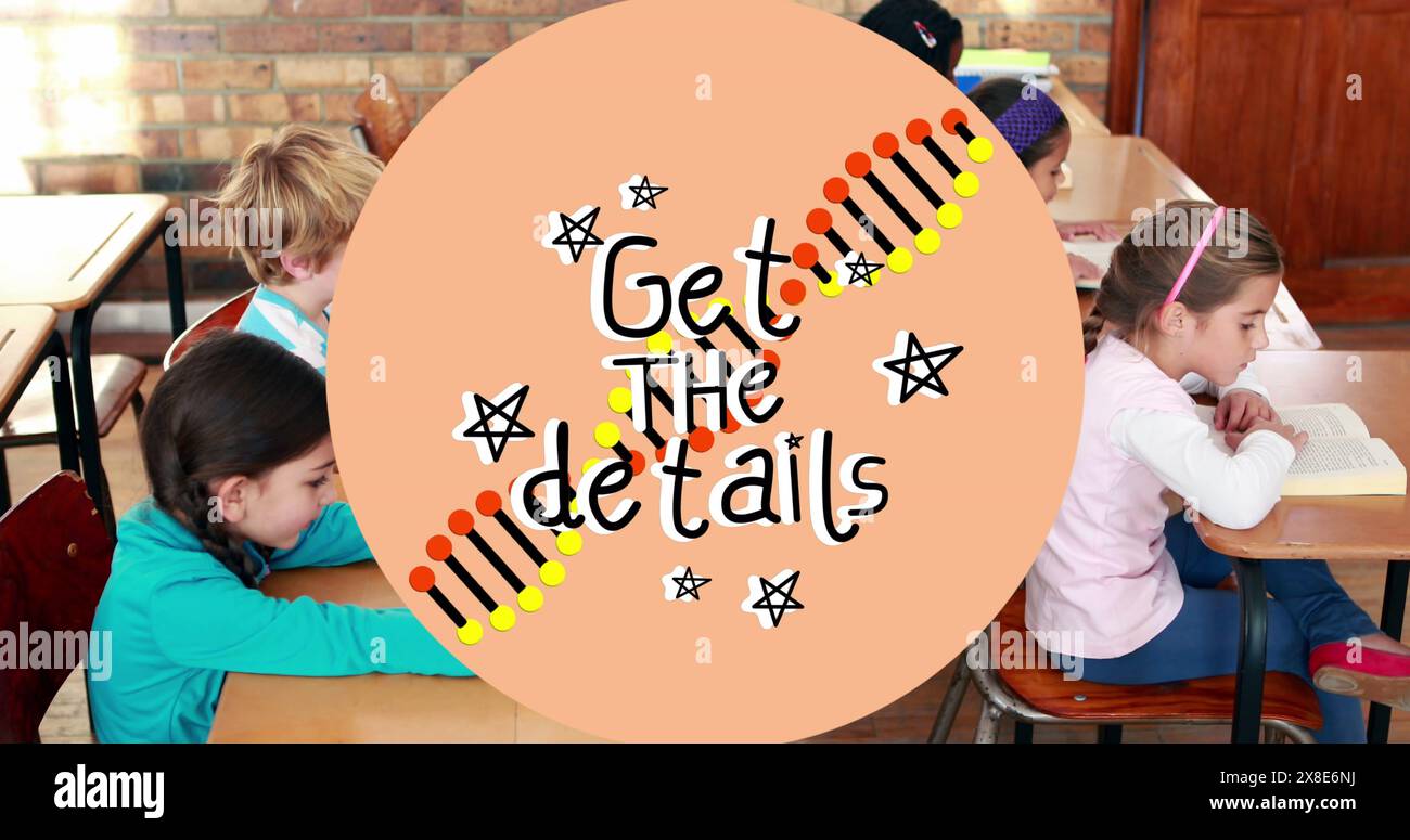 Immagine di Get the details, testo e filamento dna su scolari diversi Foto Stock