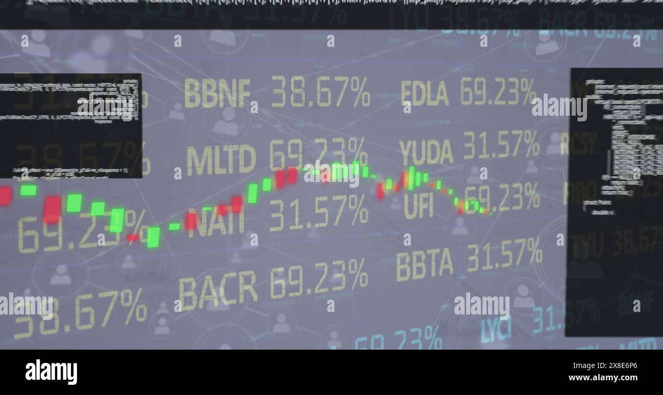 Questa immagine mostra le reti di connessioni e l'elaborazione dei dati su schermi Foto Stock