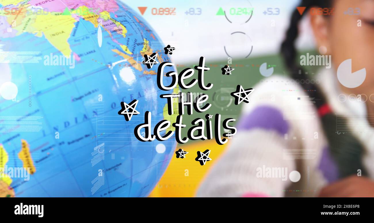 Immagine di Get the details, testo e elaborazione dati su studentessa birazziale Foto Stock