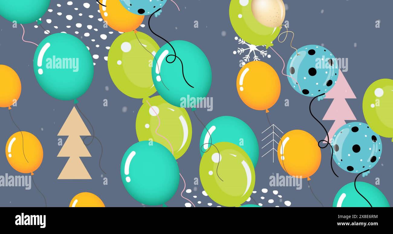 Immagine di palloncini e neve sugli alberi su sfondo grigio Foto Stock