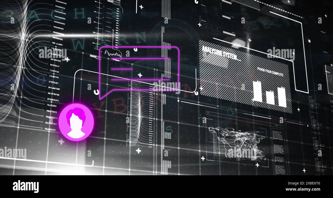 Immagine del profilo e dell'icona del messaggio sull'interfaccia con elaborazione dei dati su sfondo nero Foto Stock