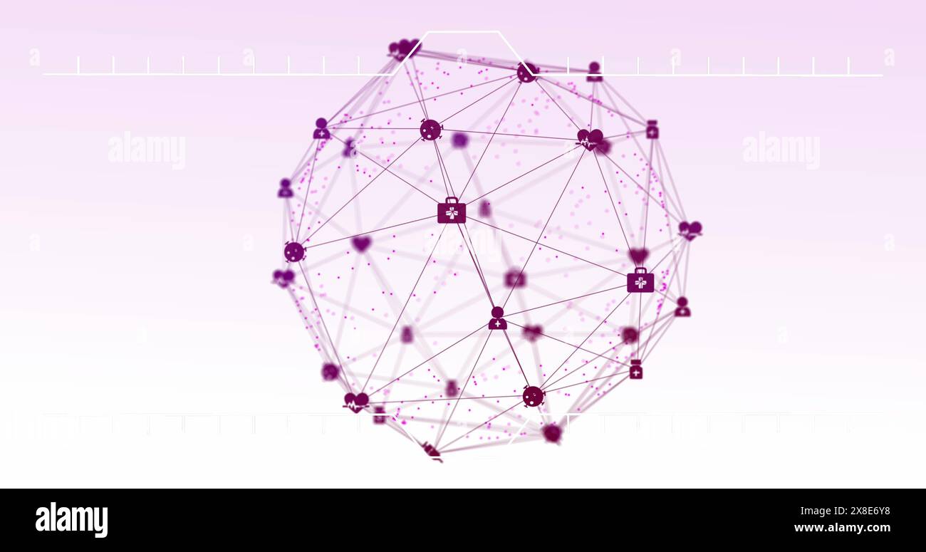 Immagine di un globo di icone digitali che ruotano su sfondo rosa sfumato Foto Stock