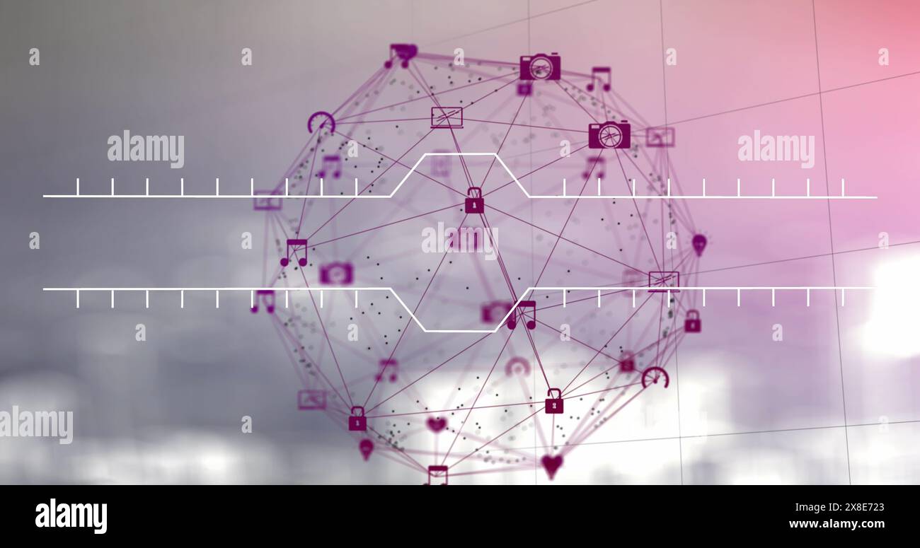 Immagine di un globo di icone digitali che ruotano su sfondo rosa sfumato Foto Stock