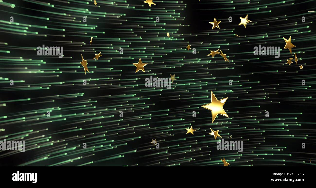Immagine di stelle d'oro che cadono su scintillanti macchie verdi di luce Foto Stock
