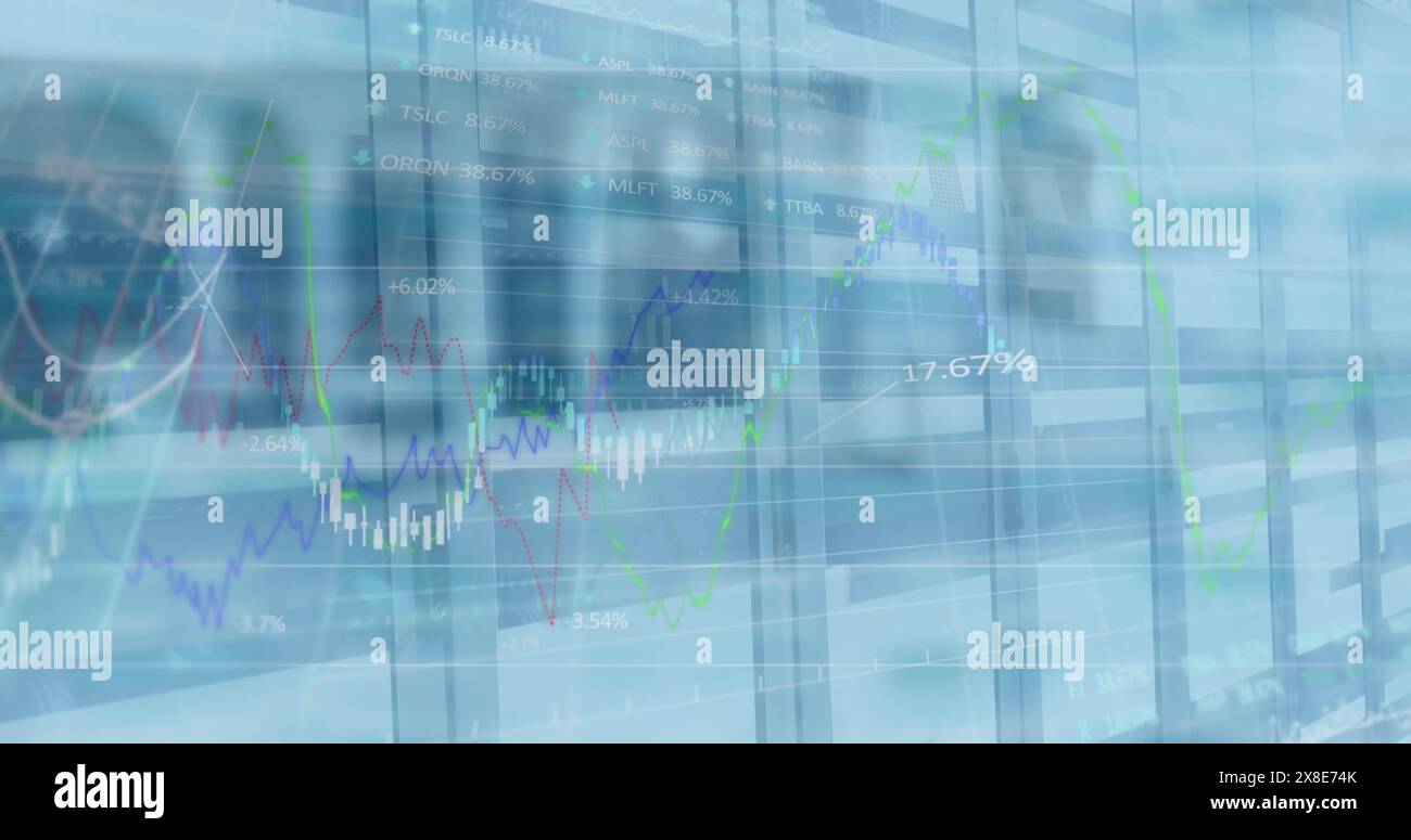 Immagine dell'elaborazione dei dati finanziari e dei mercati azionari rispetto agli edifici alti Foto Stock