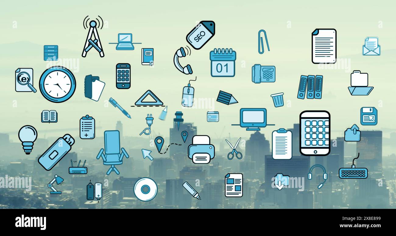 Immagine di più icone sopra la vista aerea del paesaggio urbano moderno contro il cielo nuvoloso Foto Stock