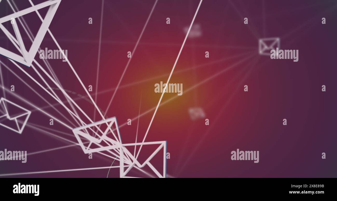 Immagine della rete dell'icona del messaggio e dell'equazione matematica che galleggia su sfondo viola Foto Stock