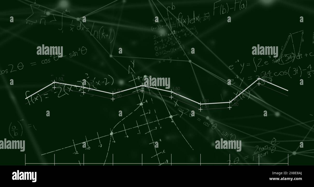 Immagine di equazioni matematiche e rete di connessioni che fluttuano su sfondo verde Foto Stock