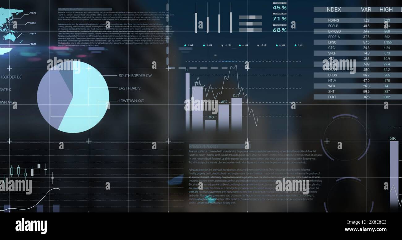Immagine dell'elaborazione dei dati statistici sulla rete di reti a fronte di edifici alti Foto Stock