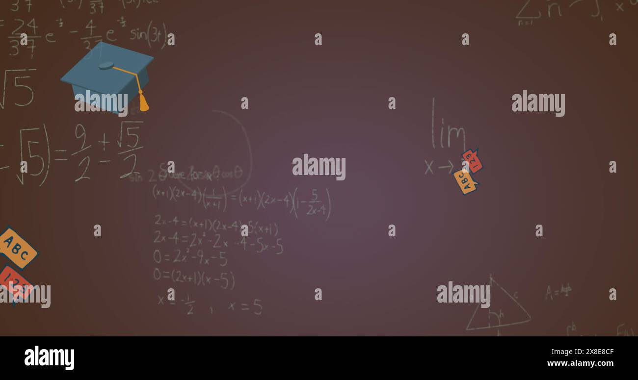 Immagine delle equazioni matematiche e delle icone dei concetti scolastici che fluttuano sullo sfondo del gradiente Foto Stock