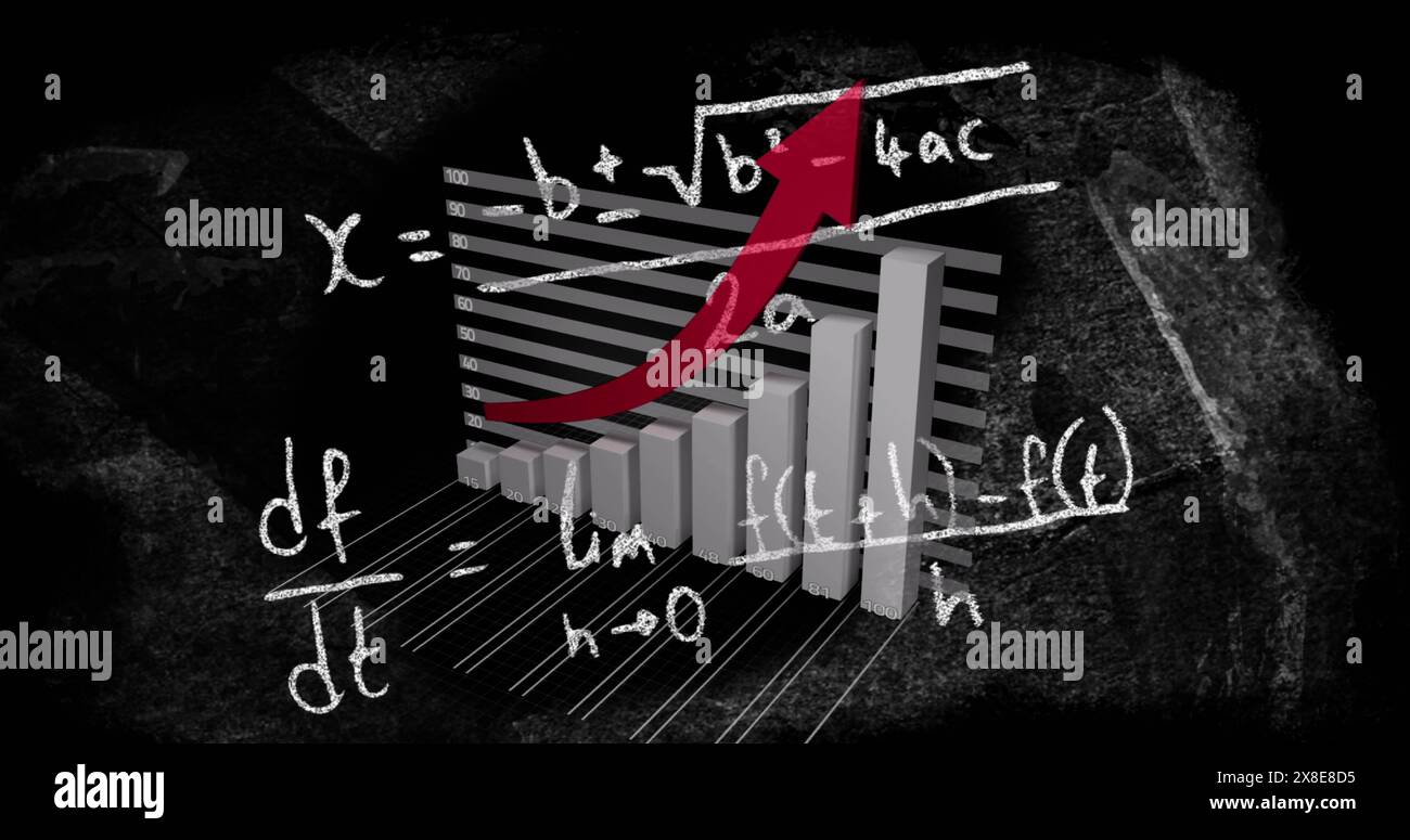 Immagine di equazioni matematiche e freccia rossa e statistiche con elaborazione dati Foto Stock