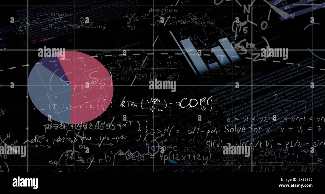 Immagine di linee su interfaccia infografica contro equazioni matematiche su sfondo nero Foto Stock