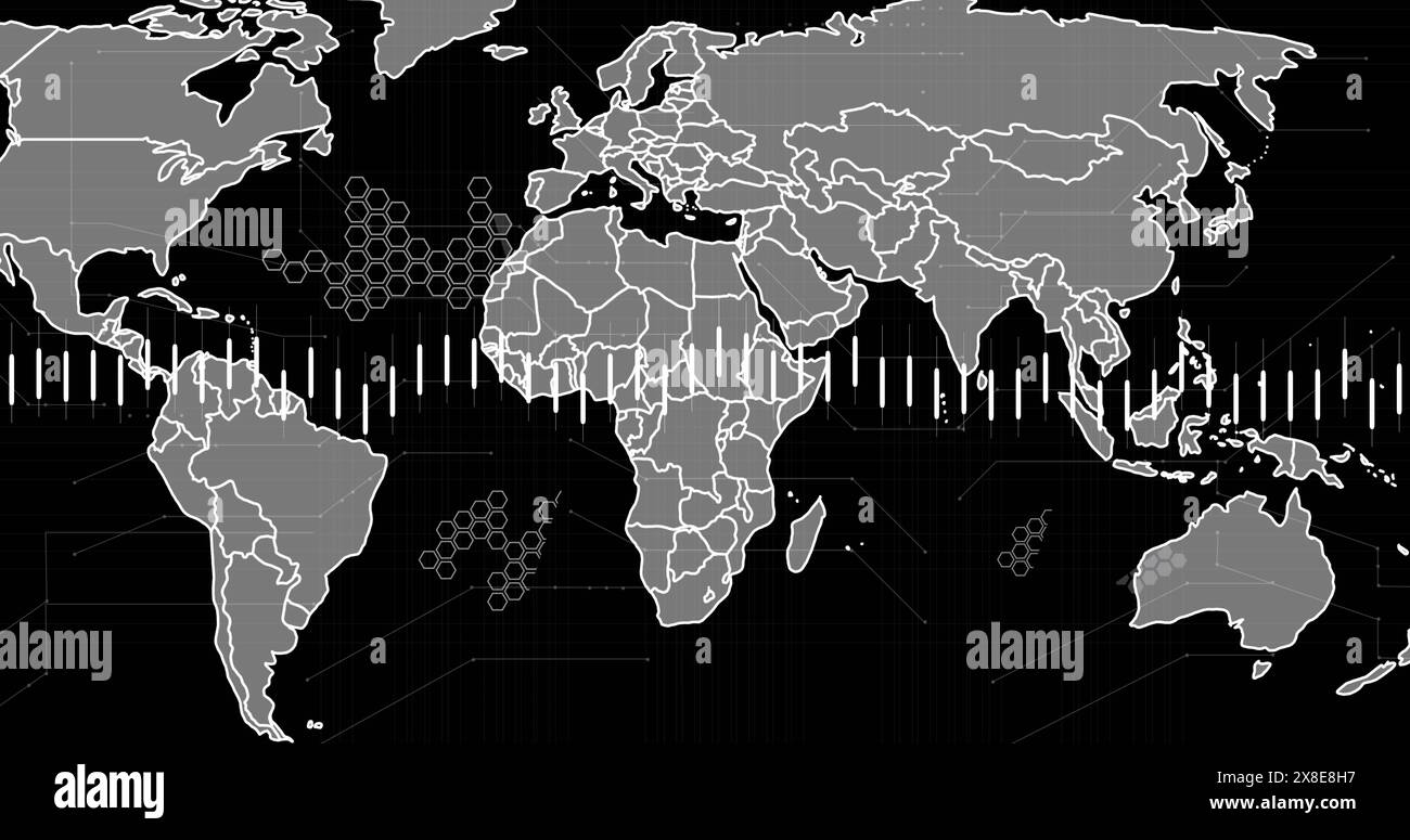 Immagine dell'elaborazione dei dati su una mappa mondiale su sfondo nero Foto Stock