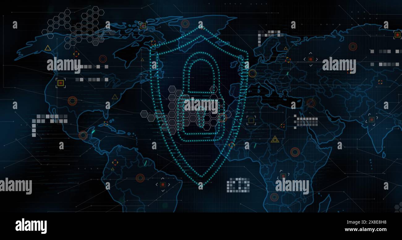 Immagine dello spot luminoso e dell'icona del lucchetto di sicurezza sulla mappa mondiale su sfondo blu Foto Stock