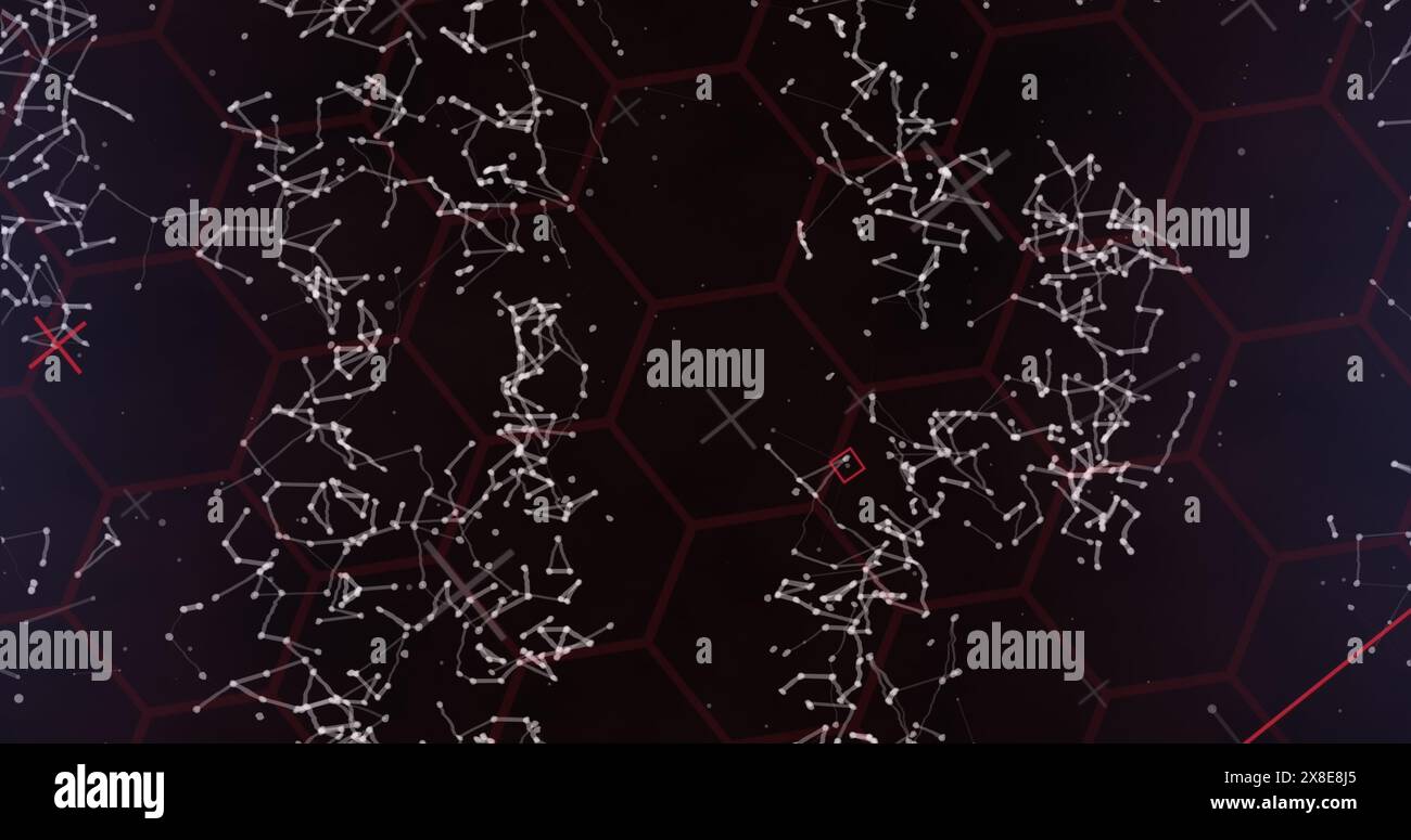 Costellazioni bianche collegate su sfondo esagonale scuro Foto Stock