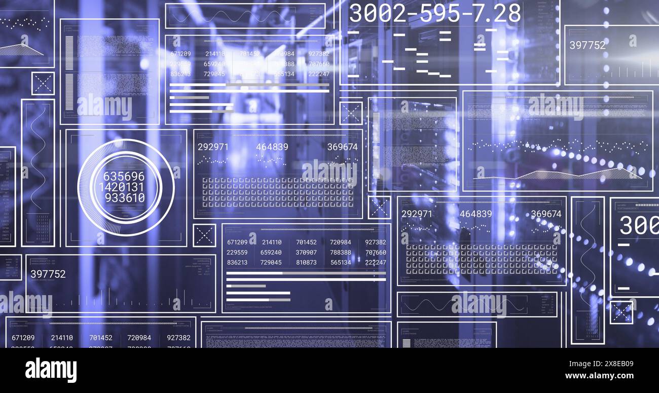 Immagine degli schermi hud con numeri, grafici, barre di caricamento, cerchi nella sala server che cambiano Foto Stock