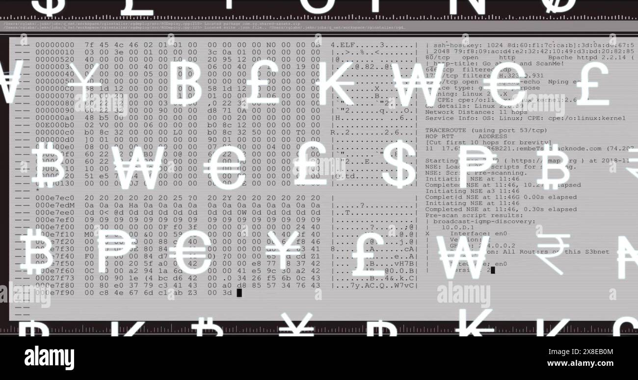 Un gruppo di colleghi caucasici sta esaminando i dati su più schermi di computer Foto Stock