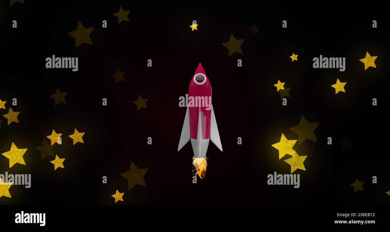 Un razzo rosso e bianco che si lancia tra le stelle gialle Foto Stock