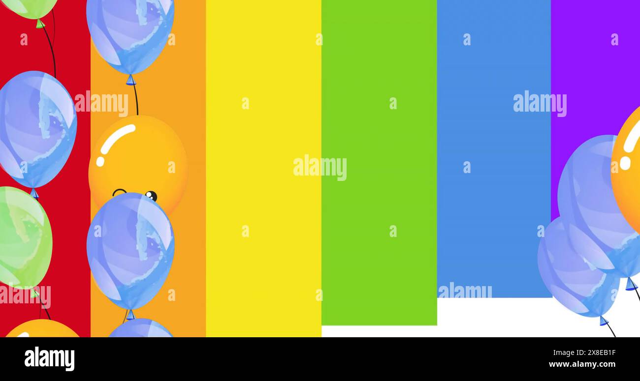 Palloncini colorati che fluttuano su un vivace sfondo multicolore Foto Stock