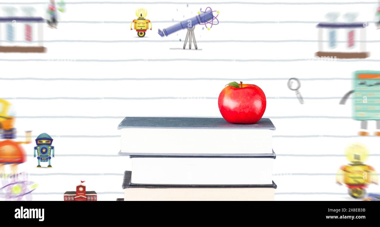 Una pila di libri con una mela rossa appoggiata su una scrivania Foto Stock