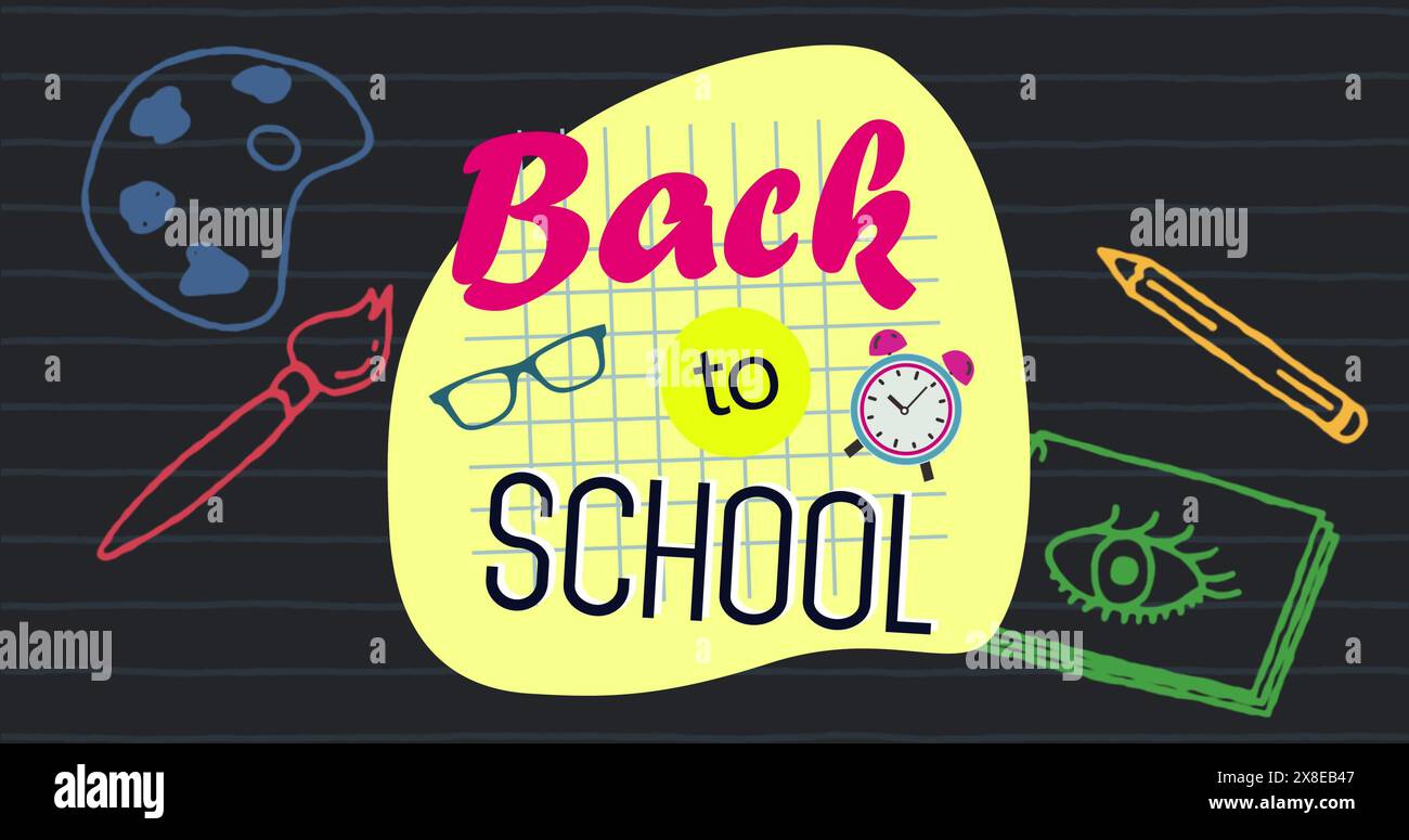 Testo colorato Back to School seduto tra varie forniture scolastiche Foto Stock