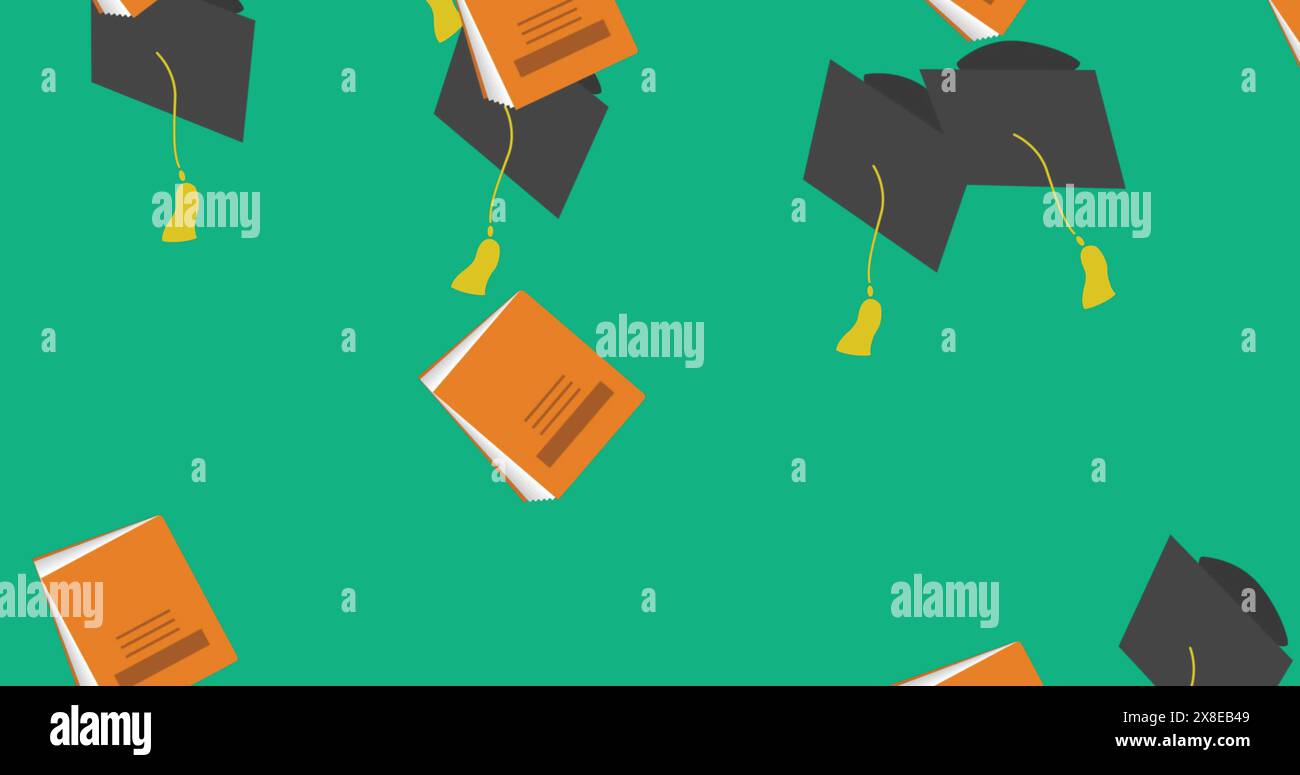 Cappelli di laurea e diplomi che fluttuano su sfondo verde Foto Stock