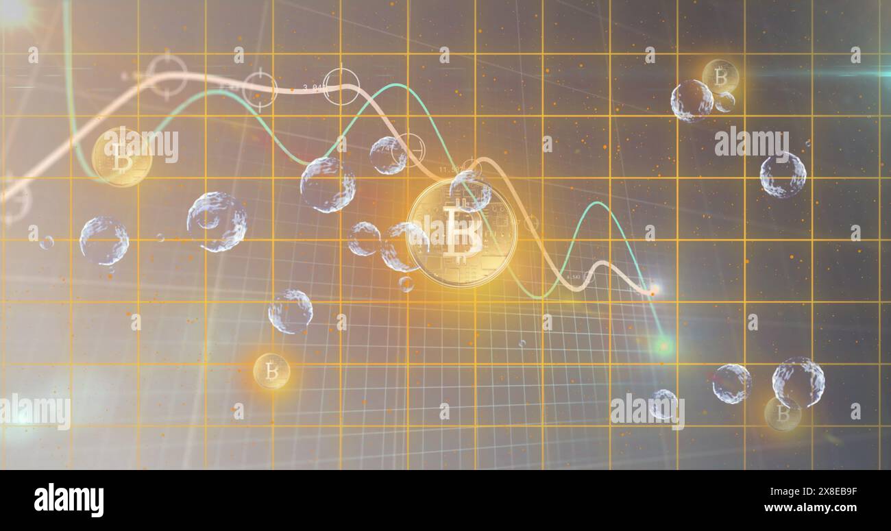 Simboli Bitcoin e linee dinamiche visualizzate sulla griglia digitale Foto Stock