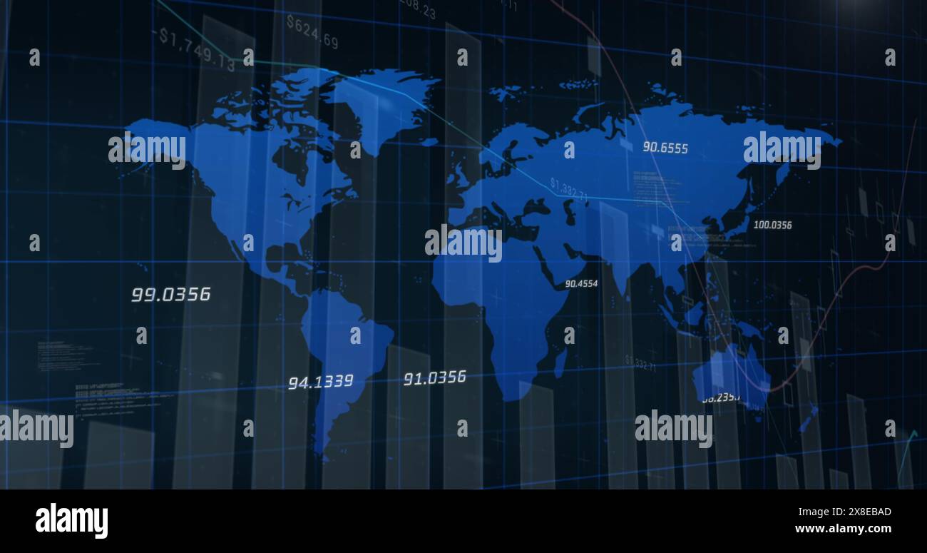 Mappa del mondo che mostra i dati numerici in tutti i continenti Foto Stock