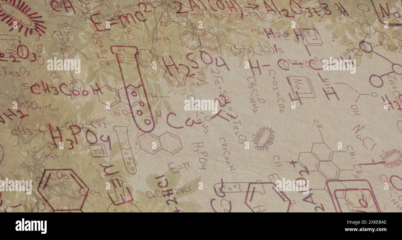 Formule chimiche ed equazioni che coprono la scrivania della scuola Foto Stock