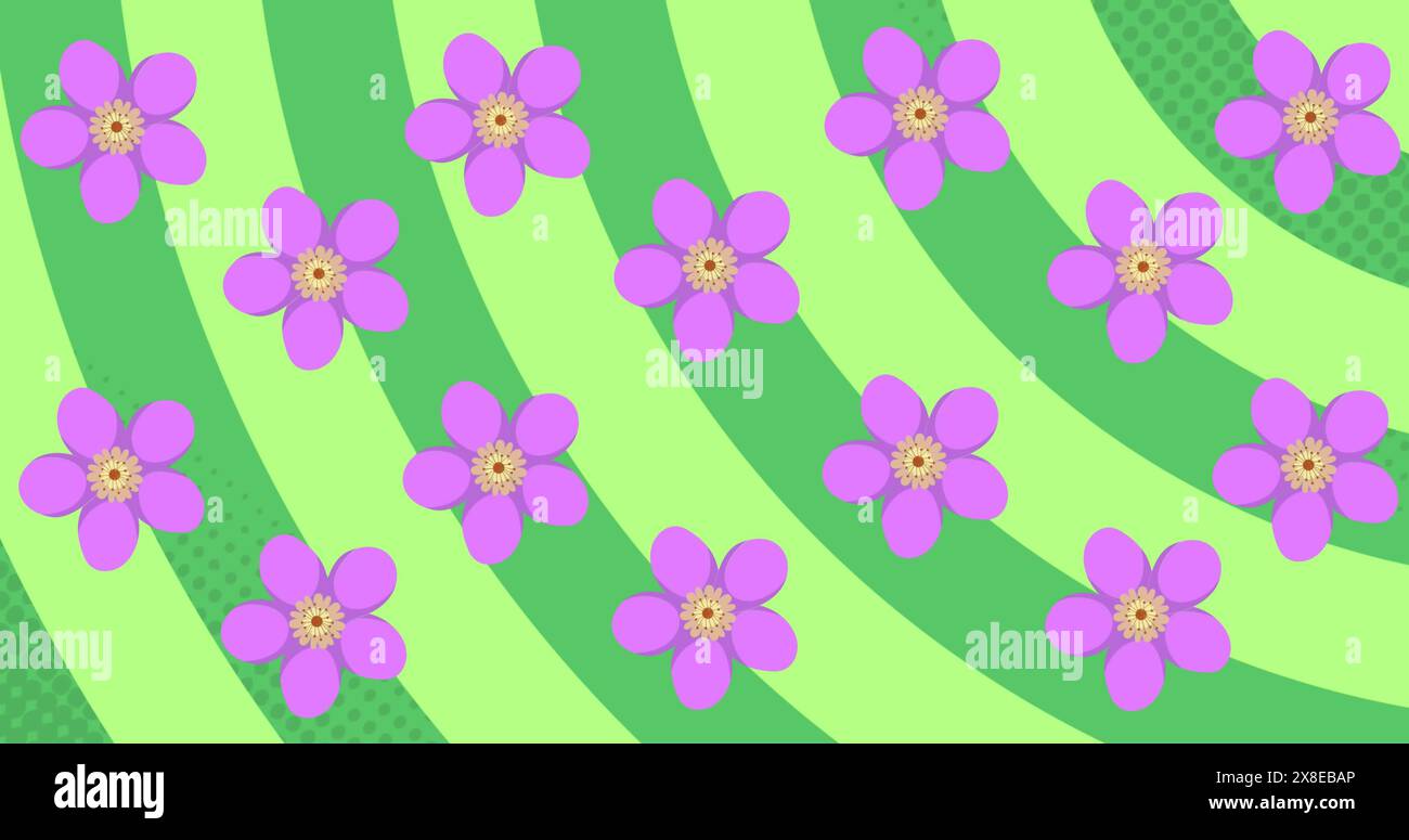 Fiori viola sparsi su strisce verdi ondulate Foto Stock