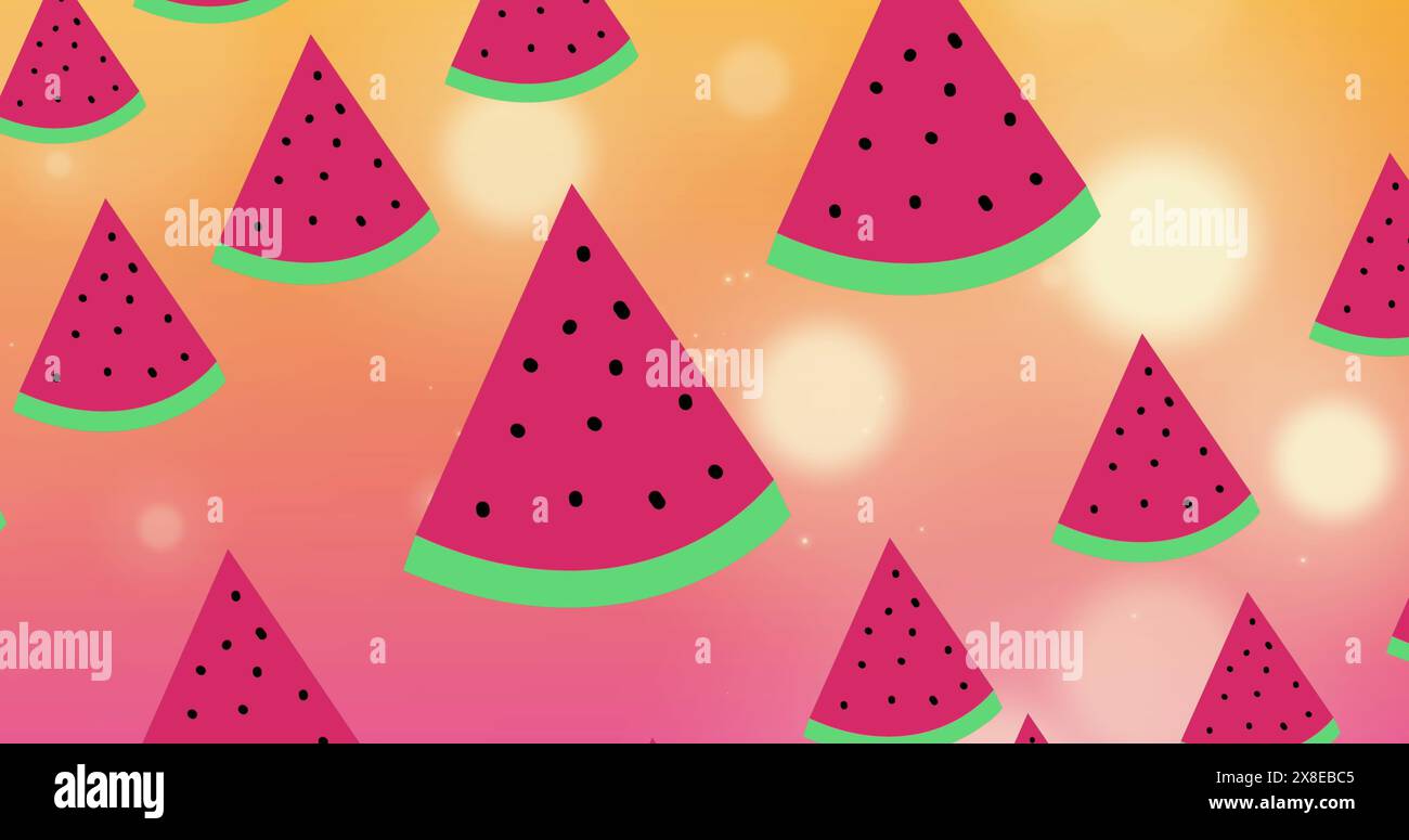 Le fette di anguria con semi fluttuano su uno sfondo rosa e arancione Foto Stock