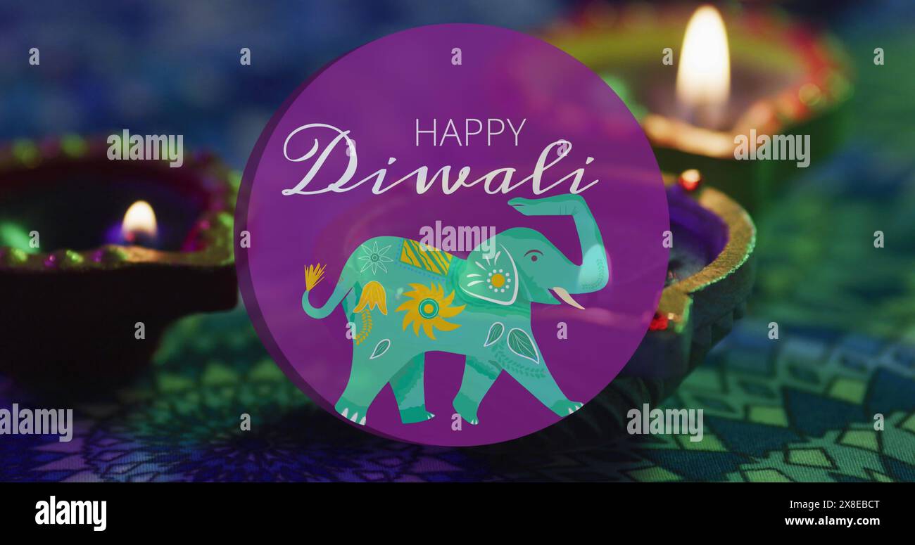 Colorato biglietto d'auguri Diwali con elefante e felice Diwali Foto Stock