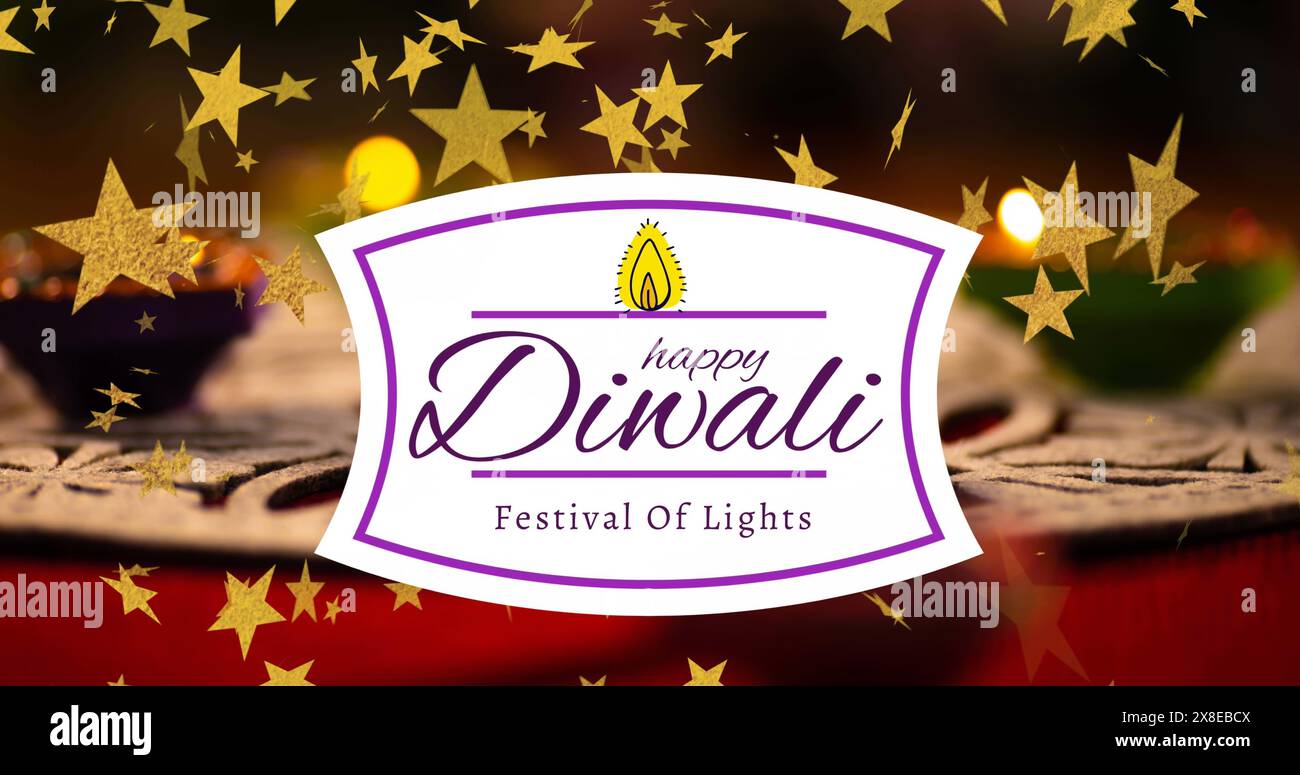 Banner Happy Diwali, con stelle dorate e candele accese, per celebrare il festival Foto Stock