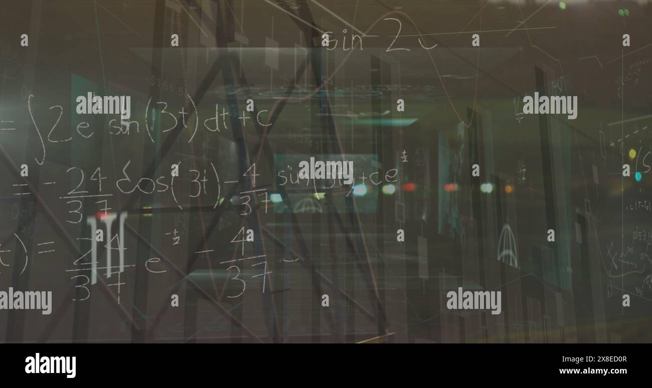 Equazioni matematiche complesse che coprono la finestra dell'aula Foto Stock