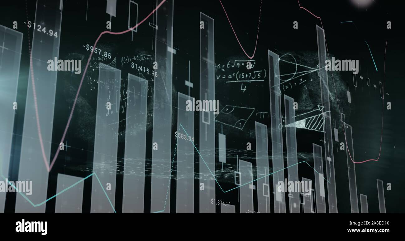I grafici e le equazioni sono fluttuanti nello spazio digitale, mostrando l'analisi dei dati Foto Stock