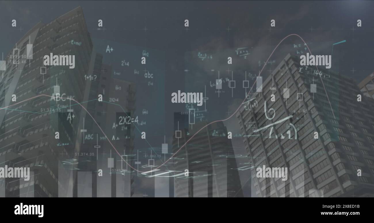 Equazioni matematiche e grafici fluttuanti sopra gli edifici della città Foto Stock