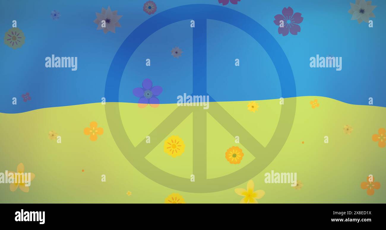 Un grande simbolo di pace che domina una collina verde sotto un cielo blu Foto Stock