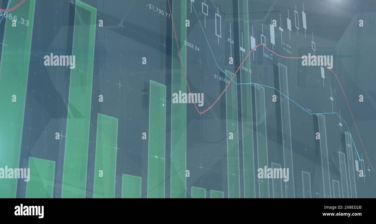 Grafici verdi e rossi che visualizzano le tendenze di mercato sullo schermo Foto Stock