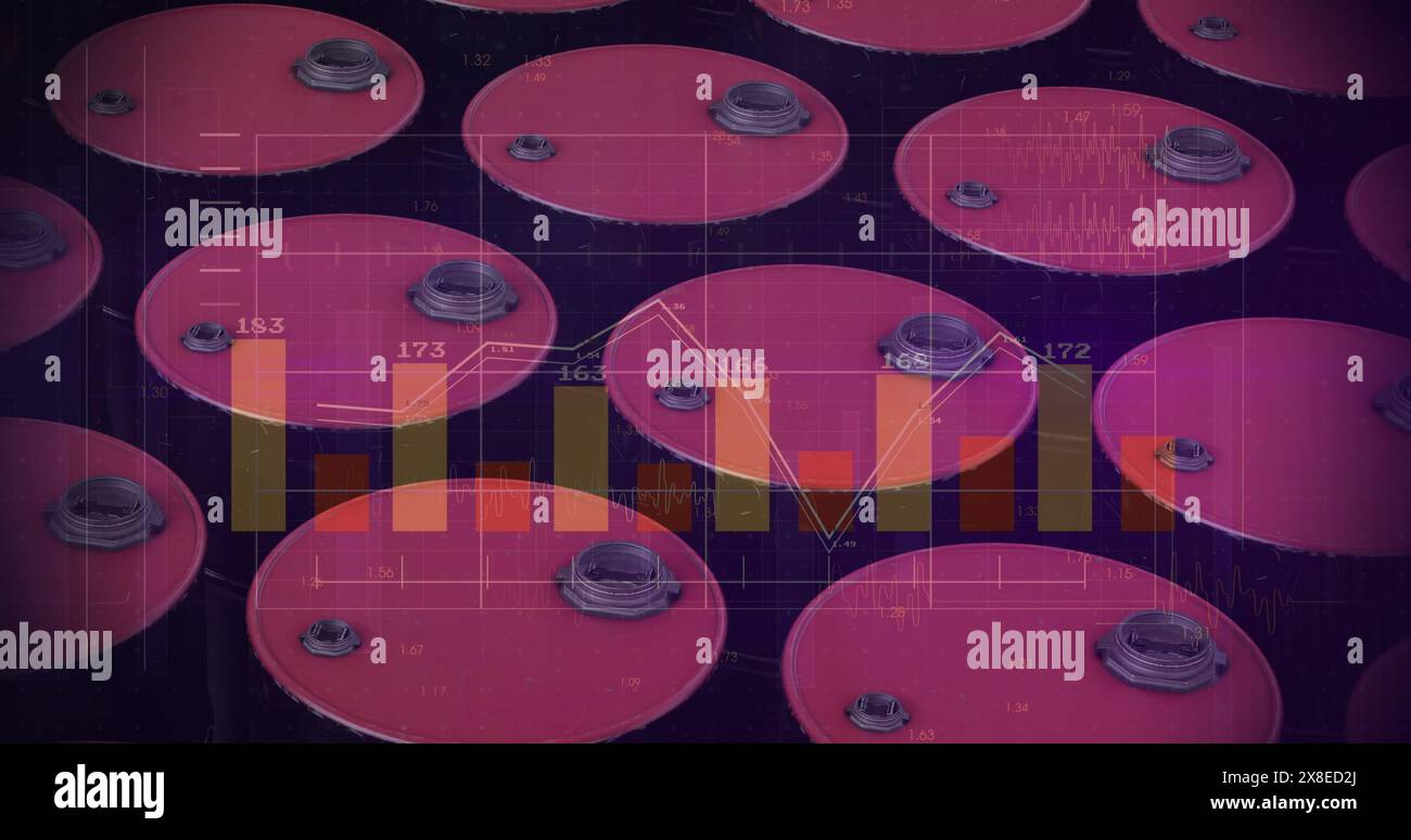 Cerchi colorati con numeri sovrapposti al grafico a barre su sfondo scuro Foto Stock